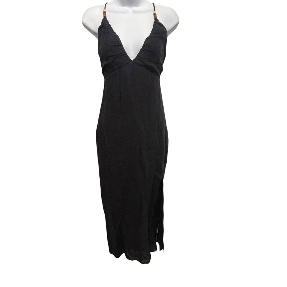 Mahina Black 100% Linen Maxi Dress V-Neck Beaded Straps Open Back Size M D7563